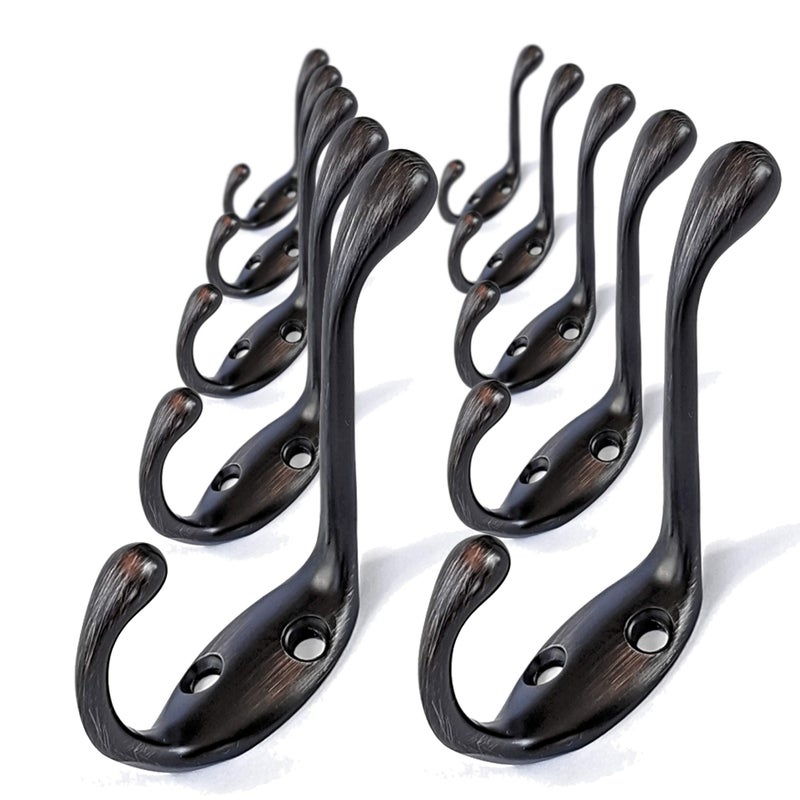Ambipolar Heavy Duty Metal Decorative Dual Coat Hook Type-2 / Hat Hook - Wall Mounted (0.7" Screws Included), Wall Hook, Double Coat Hanger, 10 Pack (Oil Rubbed Bronze). - Image 1